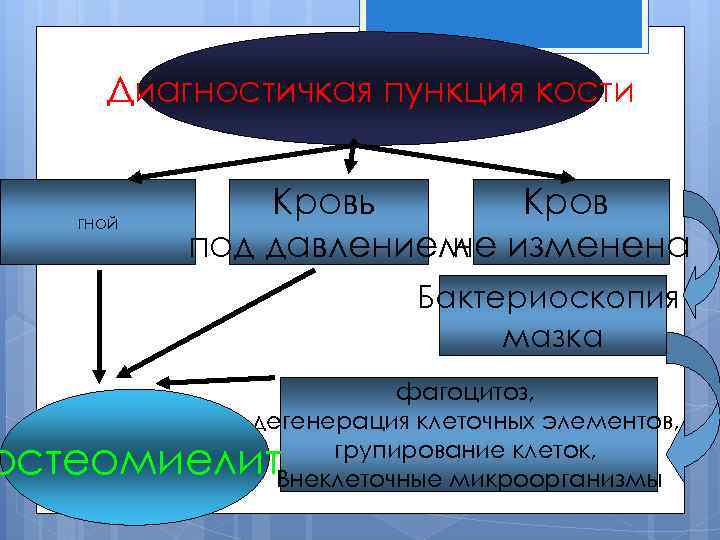 Диагностичкая пункция кости гной Кровь Кров под давлением изменена не Бактериоскопия мазка фагоцитоз, дегенерация