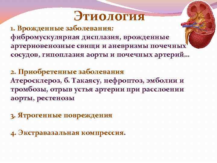 Этиология 1. Врожденные заболевания: фибромускулярная дисплазия, врожденные артериовенозные свищи и аневризмы почечных сосудов, гипоплазия