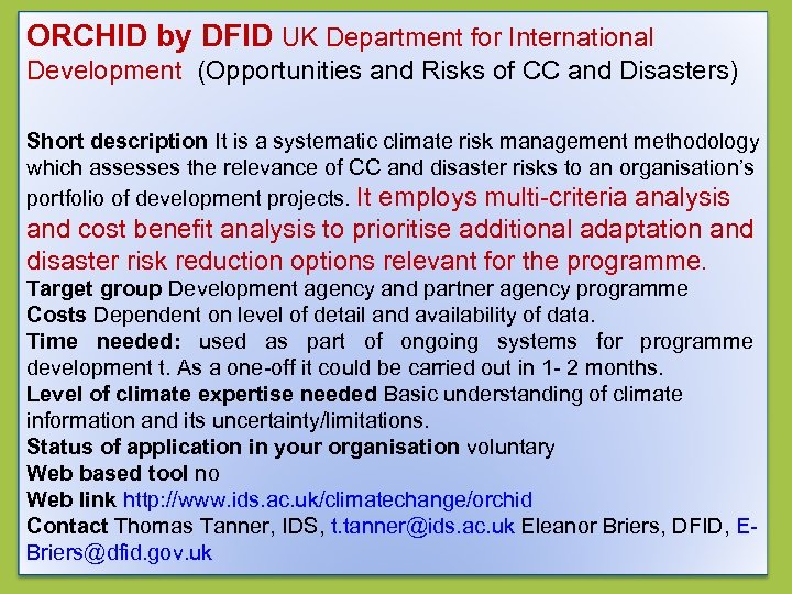 ORCHID by DFID UK Department for International Development (Opportunities and Risks of CC and