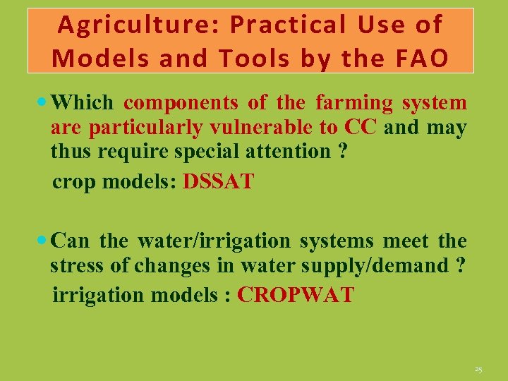 Agriculture: Practical Use of Models and Tools by the FAO Which components of the