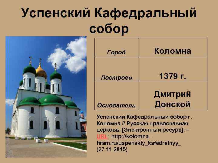 Успенский Кафедральный собор Город Коломна Построен 1379 г. Основатель Дмитрий Донской Успенский Кафедральный собор