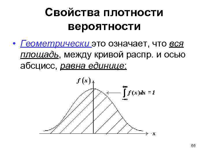 Свойства плотности вероятности • Геометрически это означает, что вся площадь, между кривой распр. и