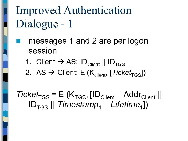 Improved Authentication Dialogue - 1 n messages 1 and 2 are per logon session