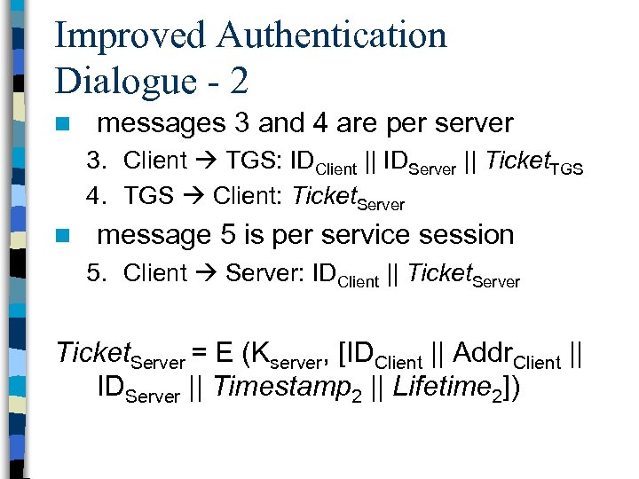 Improved Authentication Dialogue - 2 n messages 3 and 4 are per server 3.