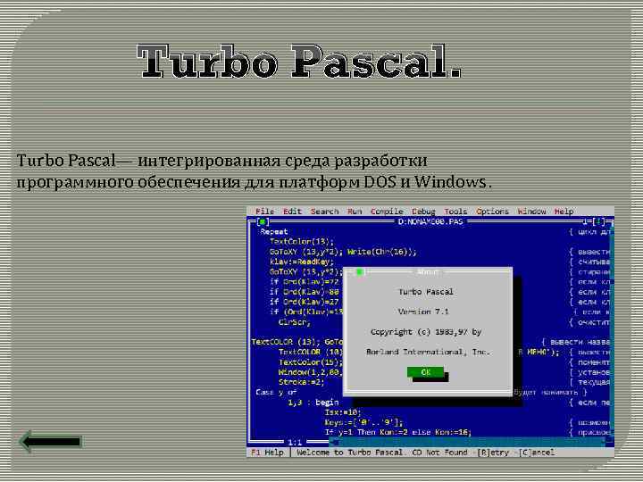 Turbo Pascal— интегрированная среда разработки программного обеспечения для платформ DOS и Windows. 