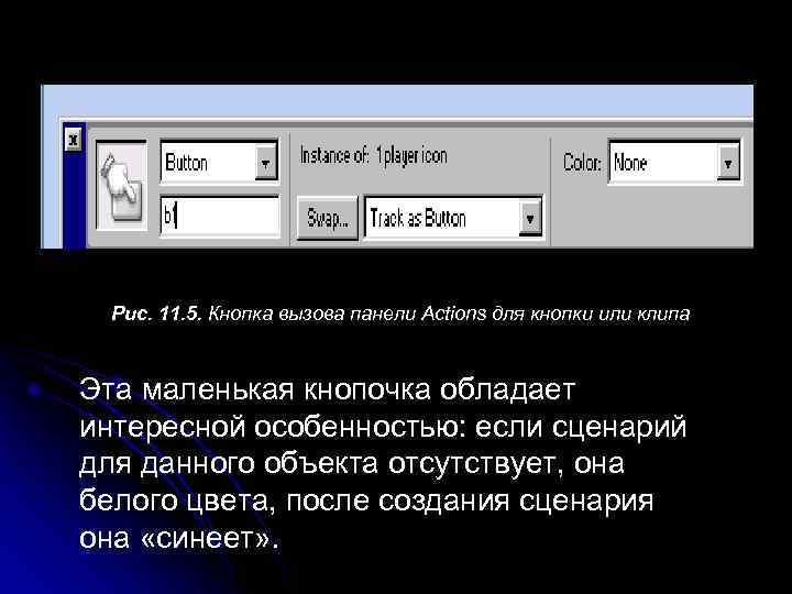 Рис. 11. 5. Кнопка вызова панели Actions для кнопки или клипа Эта маленькая кнопочка