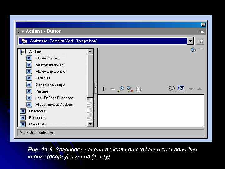 Рис. 11. 6. Заголовок панели Actions при создании сценария для кнопки (вверху) и клипа