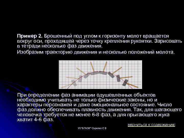 Пример 2. Брошенный под углом к горизонту молот вращается вокруг оси, проходящей через точку
