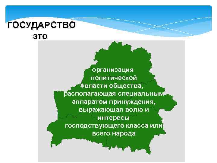 ГОСУДАРСТВО это организация политической власти общества, располагающая специальным аппаратом принуждения, выражающая волю и интересы