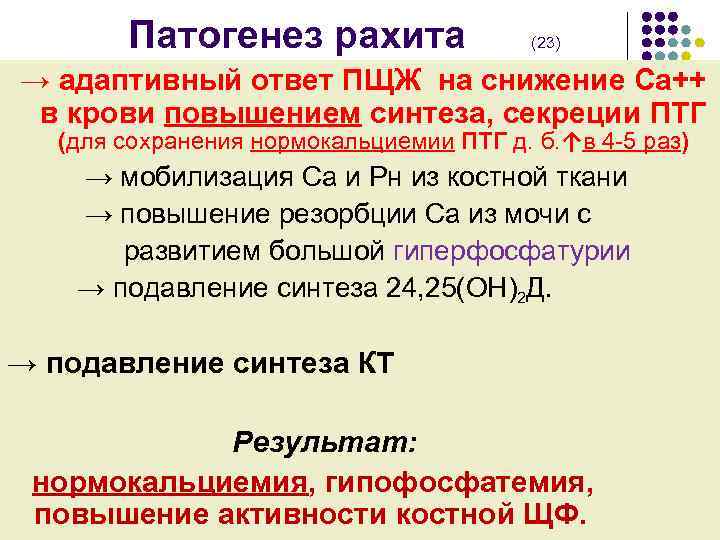  Патогенез рахита (23) → адаптивный ответ ПЩЖ на снижение Са++ в крови повышением