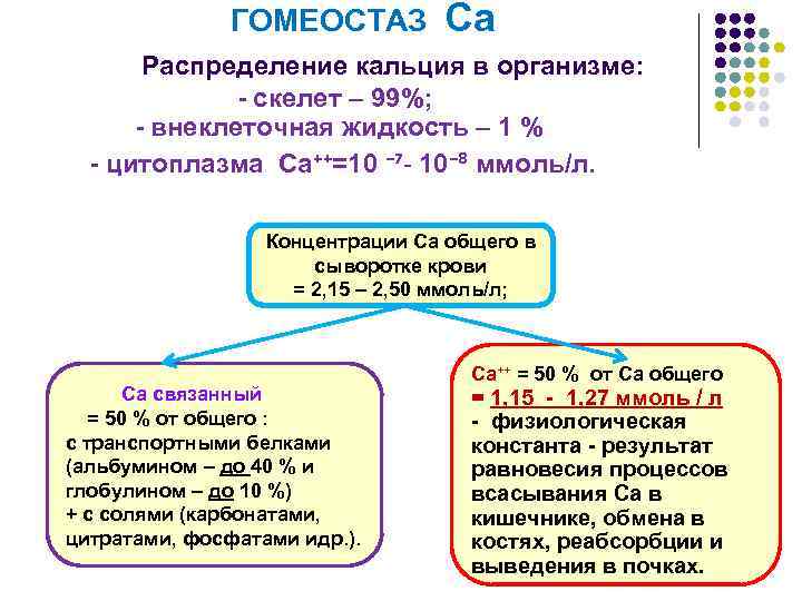  ГОМЕОСТАЗ Са Распределение кальция в организме: - скелет – 99%; - внеклеточная жидкость