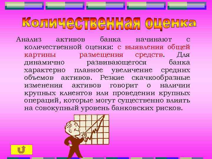 Анализ активов банка начинают с количественной оценки: с выявления общей картины размещения средств. Для