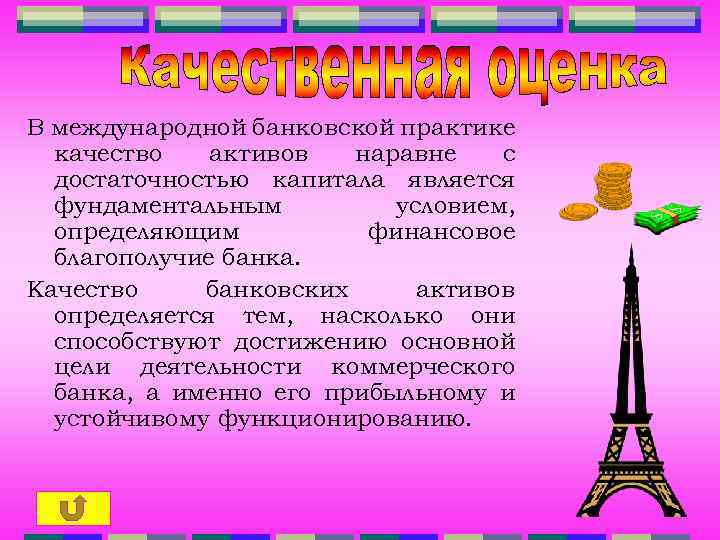 В международной банковской практике качество активов наравне с достаточностью капитала является фундаментальным условием, определяющим