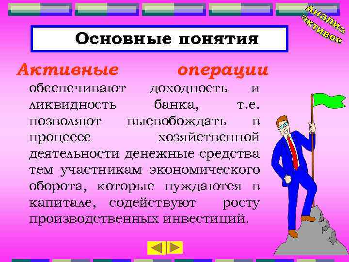 Основные понятия Активные операции обеспечивают доходность и ликвидность банка, т. е. позволяют высвобождать в