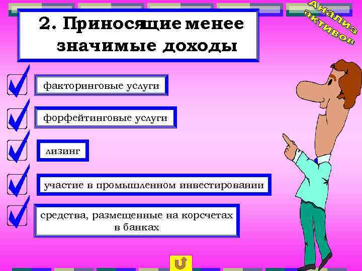 2. Принося щие менее значимые доходы факторинговые услуги форфейтинговые услуги лизинг участие в промышленном