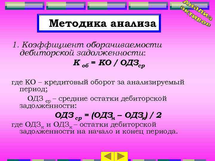 Методика анализа 1. Коэффициент оборачиваемости дебиторской задолженности: К об = КО / ОДЗср где