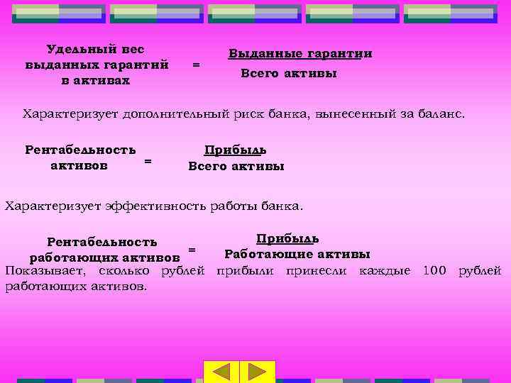 Удельный вес выданных гарантий в активах = Выданные гарантии Всего активы Характеризует дополнительный риск