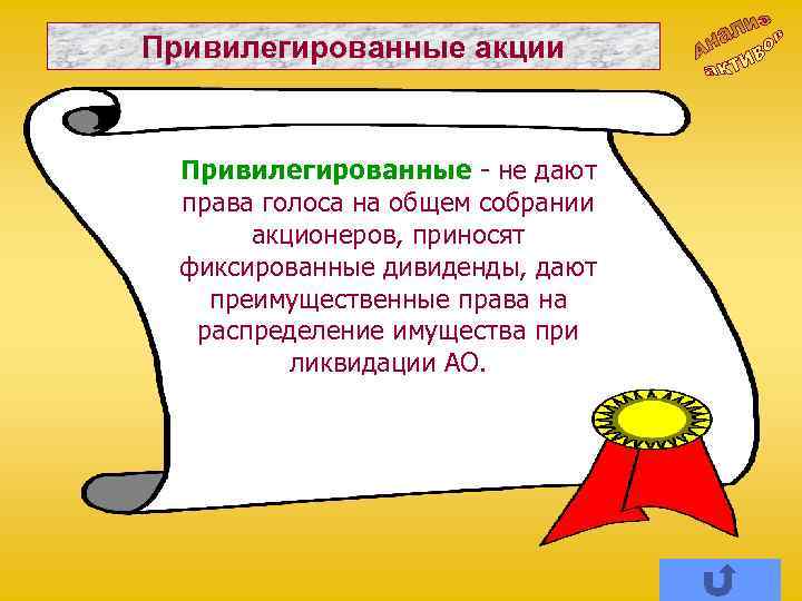 Привилегированные акции Привилегированные - не дают права голоса на общем собрании акционеров, приносят фиксированные