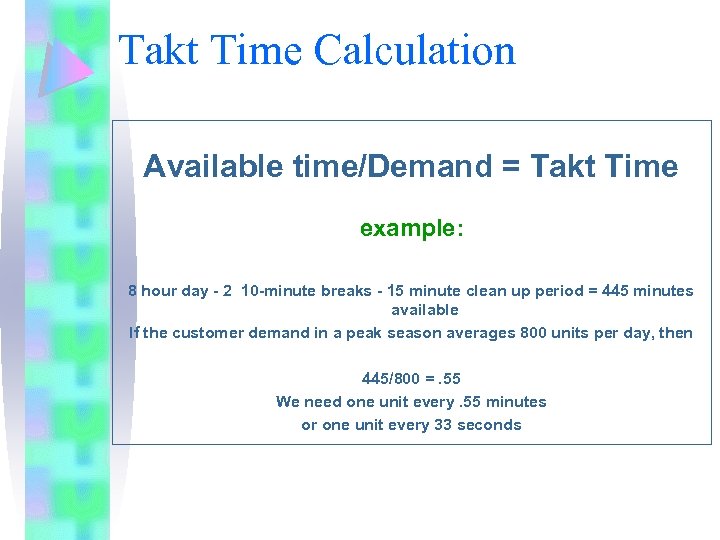 Takt Time Calculation Available time/Demand = Takt Time example: 8 hour day - 2