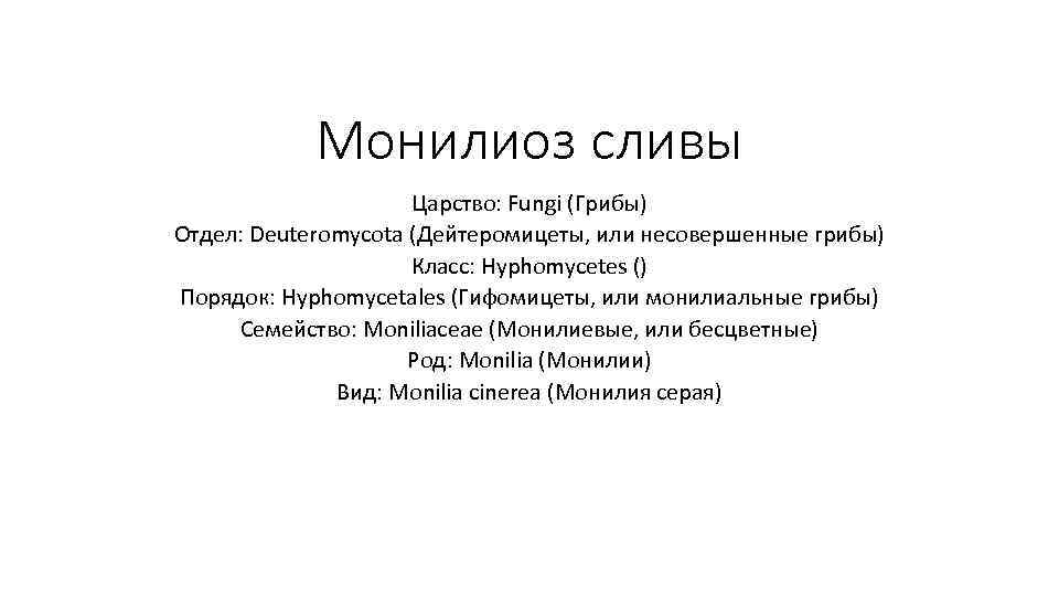 Монилиоз сливы Царство: Fungi (Грибы) Отдел: Deuteromycota (Дейтеромицеты, или несовершенные грибы) Класс: Hyphomycetes ()