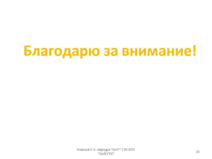 Благодарю за внимание! Новиков С. Н. Кафедра "Би. УТ" ГОУ ВПО "Сиб. ГУТИ" 19