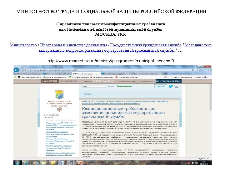 МИНИСТЕРСТВО ТРУДА И СОЦИАЛЬНОЙ ЗАЩИТЫ РОССИЙСКОЙ ФЕДЕРАЦИИ Справочник типовых квалификационных требований для замещения должностей