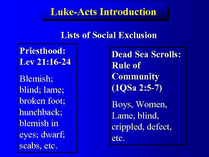 Luke-Acts Introduction Lists of Social Exclusion Priesthood: Lev 21: 16 -24 Blemish; blind; lame;