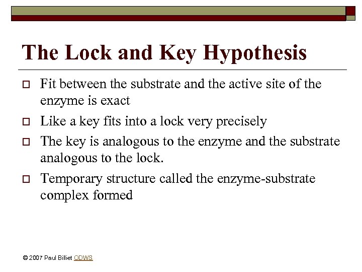 The Lock and Key Hypothesis o o Fit between the substrate and the active