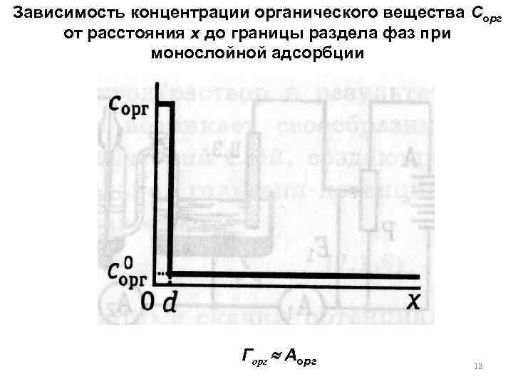 Зависимость концентрации органического вещества Сорг от расстояния x до границы раздела фаз при монослойной