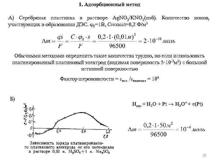 1. Адсорбционный метод А) Серебряная пластинка в растворе Ag. NO 3/KNO 3(изб). Количество ионов,