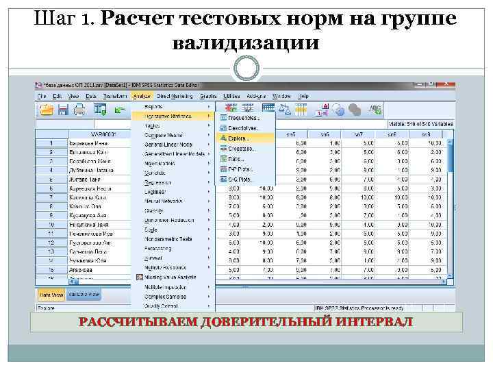 Шаг 1. Расчет тестовых норм на группе валидизации РАССЧИТЫВАЕМ ДОВЕРИТЕЛЬНЫЙ ИНТЕРВАЛ 