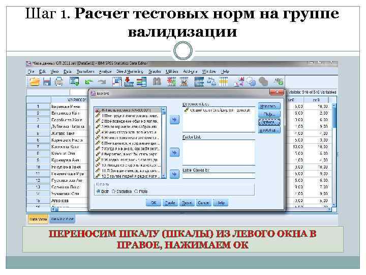 Шаг 1. Расчет тестовых норм на группе валидизации ПЕРЕНОСИМ ШКАЛУ (ШКАЛЫ) ИЗ ЛЕВОГО ОКНА