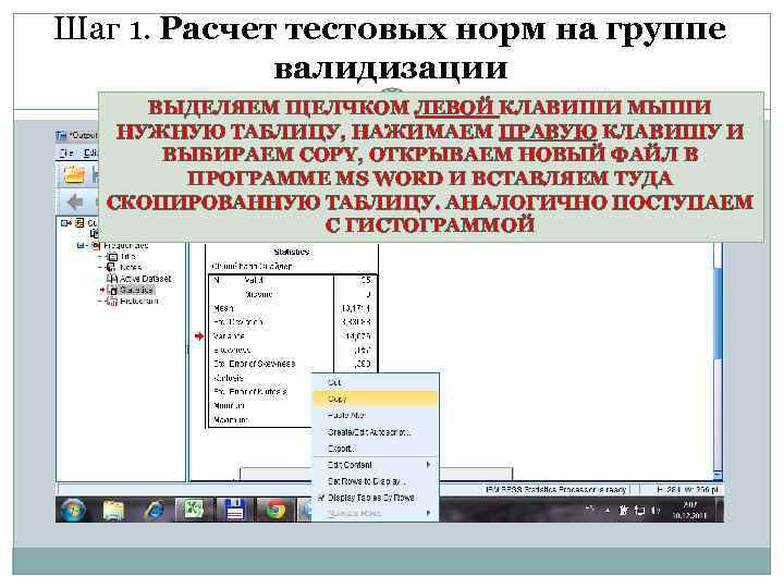 Шаг 1. Расчет тестовых норм на группе валидизации ВЫДЕЛЯЕМ ЩЕЛЧКОМ ЛЕВОЙ КЛАВИШИ МЫШИ НУЖНУЮ