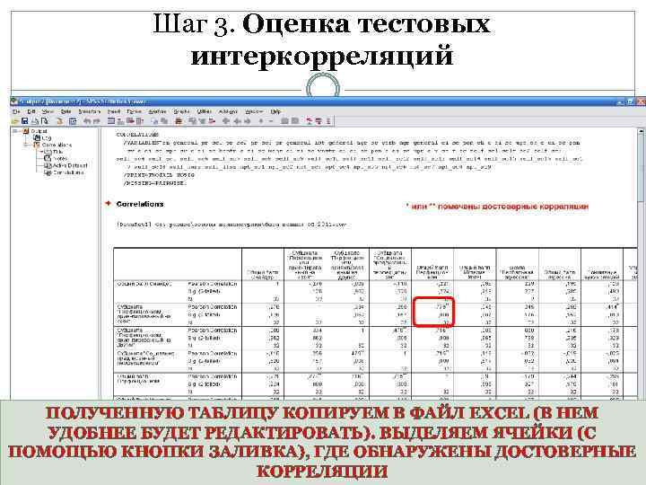 Шаг 3. Оценка тестовых интеркорреляций ПОЛУЧЕННУЮ ТАБЛИЦУ КОПИРУЕМ В ФАЙЛ EXCEL (В НЕМ УДОБНЕЕ