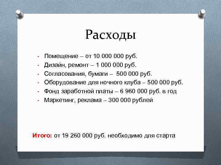 Расходы - Помещение – от 10 000 руб. - Дизайн, ремонт – 1 000