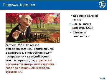 Теорема Цермело • Крестики-нолики: ничья; • Шашки: ничья (Schaeffer, 2007); • Шахматы: неизвестно. Zermelo,