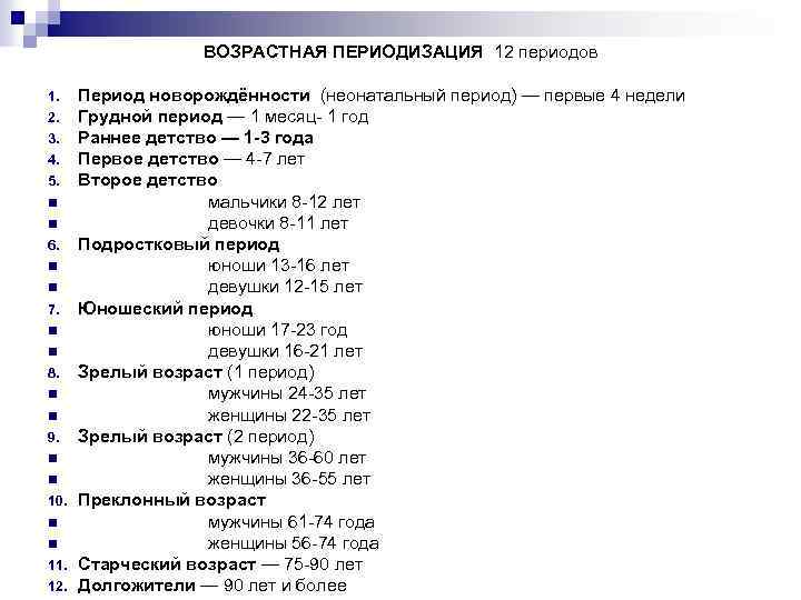 ВОЗРАСТНАЯ ПЕРИОДИЗАЦИЯ 12 периодов 1. 2. 3. 4. 5. n n 6. n n