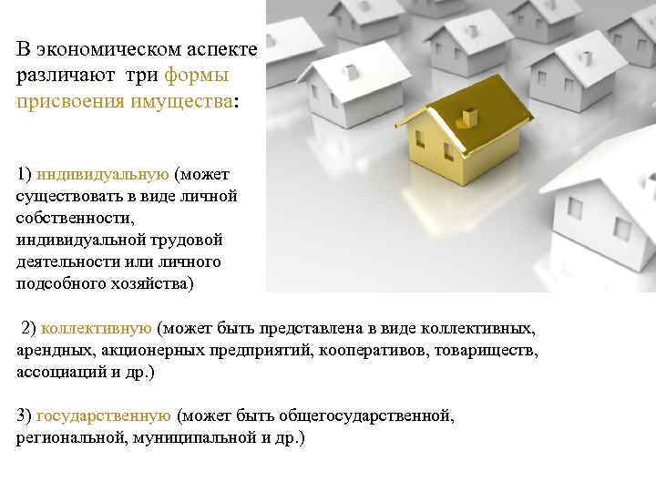 В экономическом аспекте различают три формы присвоения имущества: 1) индивидуальную (может существовать в виде