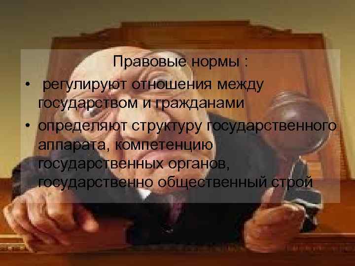 Правовые нормы : • регулируют отношения между государством и гражданами • определяют структуру государственного