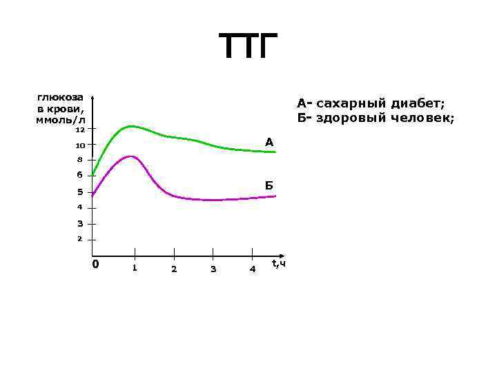 ТТГ глюкоза в крови, ммоль/л А- сахарный диабет; Б- здоровый человек; 12 А 10