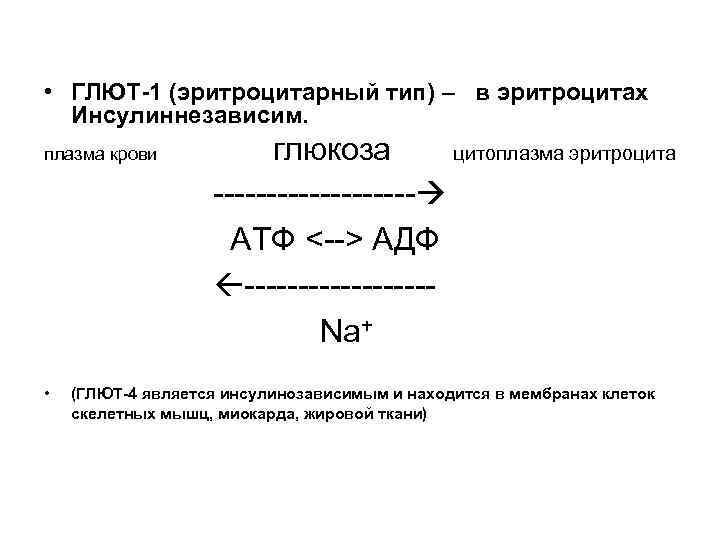  • ГЛЮТ-1 (эритроцитарный тип) – в эритроцитах Инсулиннезависим. глюкоза цитоплазма эритроцита ---------- АТФ