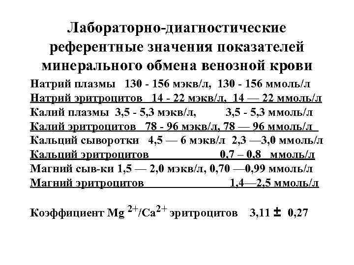 Лабораторно-диагностические референтные значения показателей минерального обмена венозной крови Натрий плазмы 130 - 156 мэкв/л,
