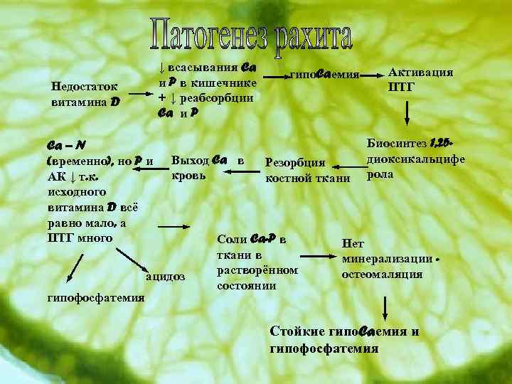 ↓ всасывания Ca и P в кишечнике + ↓ реабсорбции Ca и P Недостаток