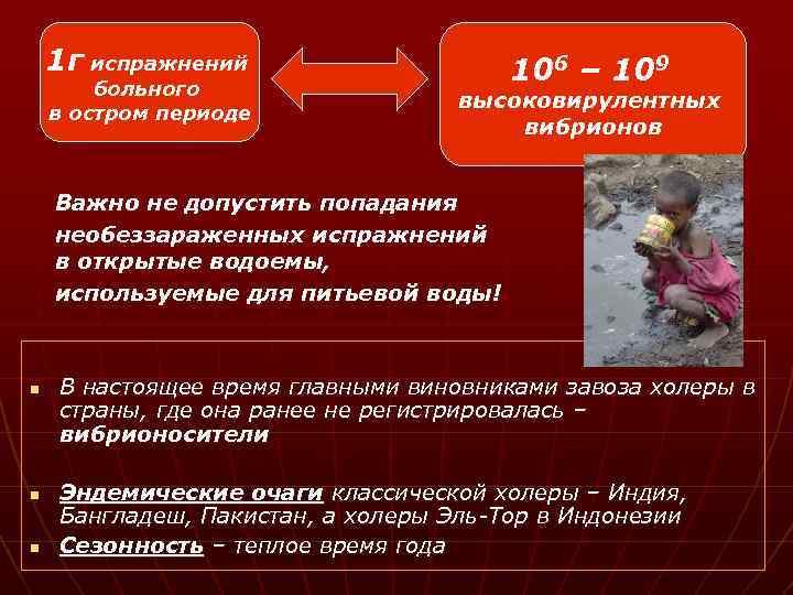 1 г испражнений больного в остром периоде 106 – 109 высоковирулентных вибрионов Важно не