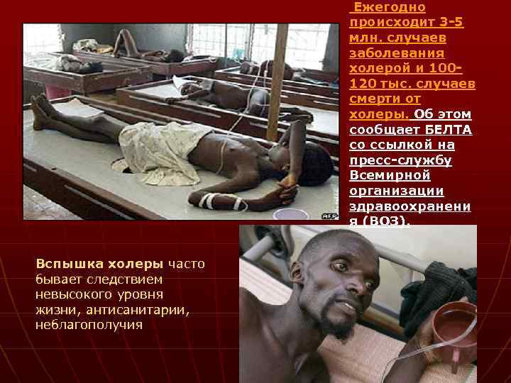 Ежегодно происходит 3 -5 млн. случаев заболевания холерой и 100120 тыс. случаев смерти