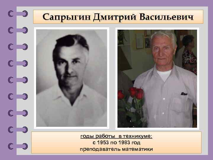 Сапрыгин Дмитрий Васильевич годы работы в техникуме: с 1953 по 1983 год преподаватель математики