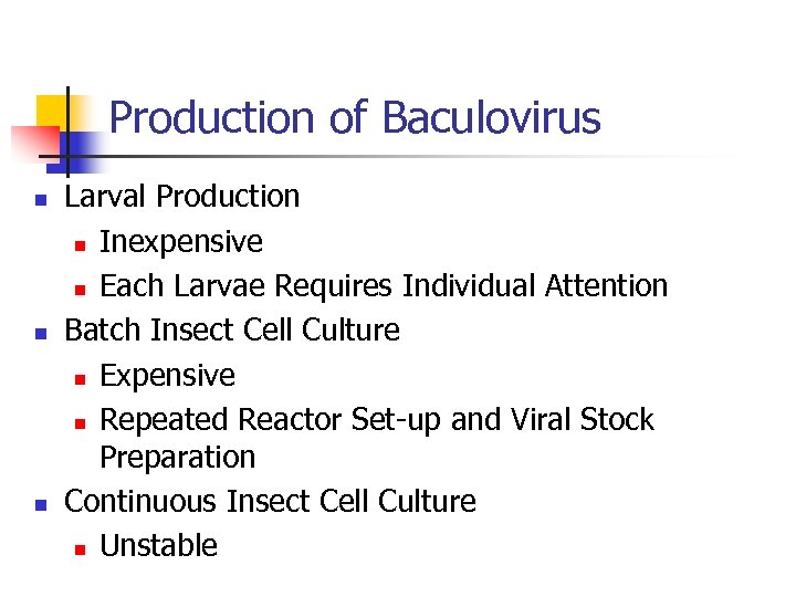 Production of Baculovirus n n n Larval Production n Inexpensive n Each Larvae Requires