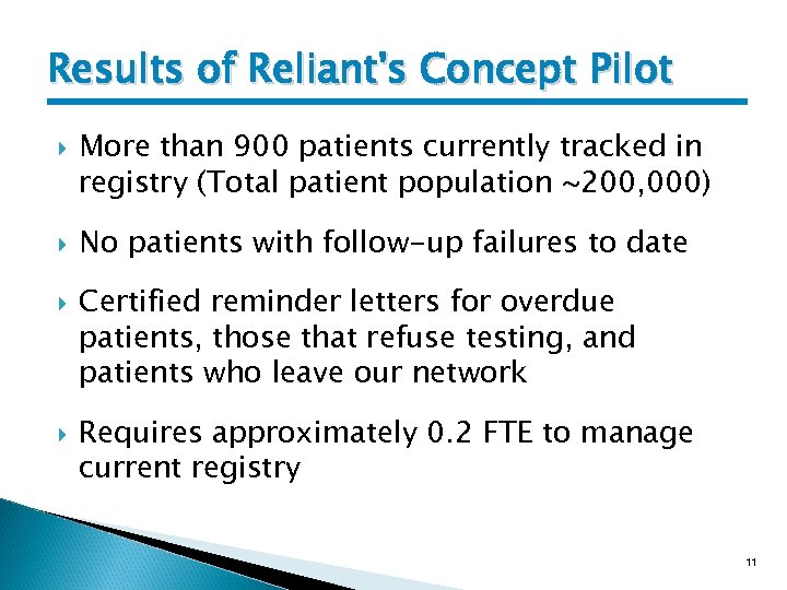 Results of Reliant's Concept Pilot More than 900 patients currently tracked in registry (Total