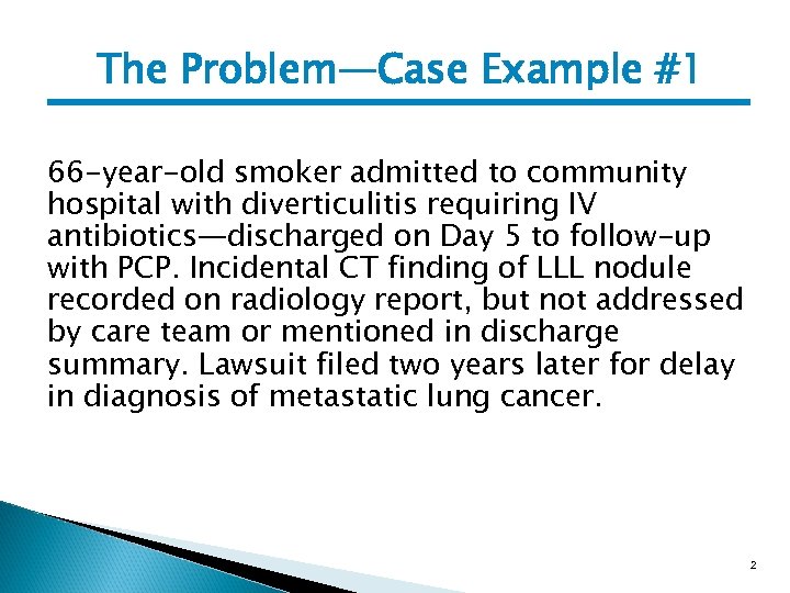 The Problem—Case Example #1 66 -year-old smoker admitted to community hospital with diverticulitis requiring