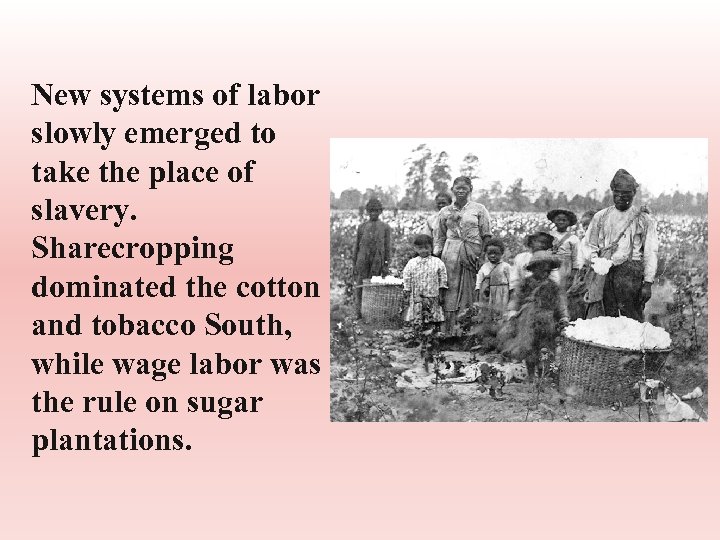 New systems of labor slowly emerged to take the place of slavery. Sharecropping dominated